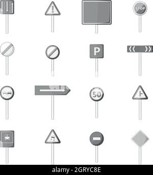 Ensemble d'icônes de signalisation routière, style monochrome Illustration de Vecteur