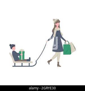 Femme traîneau à un enfant avec un cadeau. Shopping de Noël et vacances d'hiver. Illustration vectorielle plate. Promenade d'hiver maman avec bébé. Illustration de Vecteur