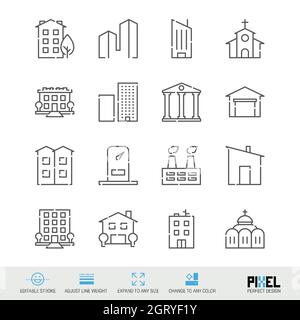 Bâtiments, maisons relié ligne icône ensemble isolé sur blanc. Un design parfait pour les pixels. Contour modifiable. Régler l'épaisseur de ligne. Développez jusqu'à n'importe quelle taille. Remplacer par un Banque D'Images