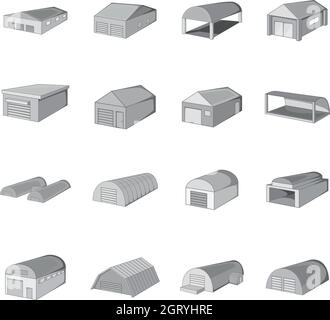 Différents ensembles d'icônes de hangars, style monochrome Illustration de Vecteur