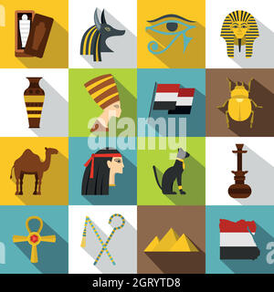 Articles de voyage Égypte icons set, style plat Illustration de Vecteur