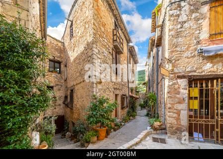 Maisons et des magasins dans les ruelles étroites et tortueuses de la cité médiévale, village de Tourrettes sur Loup dans le sud de la France. Banque D'Images