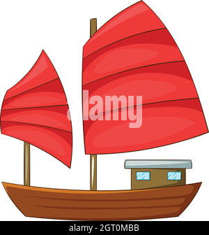 Junk Boat avec voiles, l'icône rouge style cartoon Illustration de Vecteur