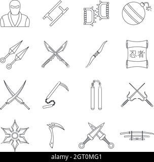 Jeu d'icônes d'outils Ninja, style de contour Illustration de Vecteur