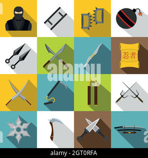 Jeu d'icônes d'outils Ninja, style plat Illustration de Vecteur