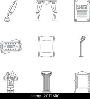 Jeux d'icônes de divertissement dans le théâtre, style de contour Illustration de Vecteur