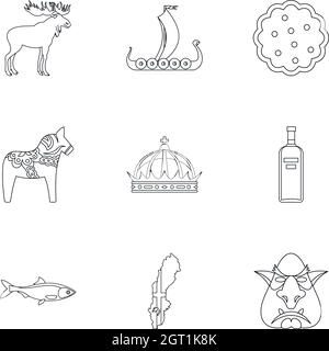 Ensemble d'icônes pays de Vikings, style de contour Illustration de Vecteur