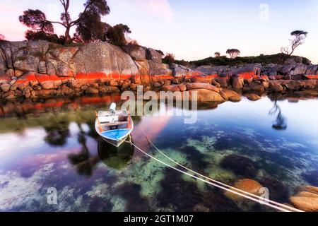 Un petit bateau de pêche a roulé à terre jusqu'à des rochers couverts de lichen rouge dans la baie de Binalong en Tasmanie au lever du soleil. Banque D'Images