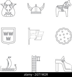Pays Suède icônes ensemble, style de contour Illustration de Vecteur