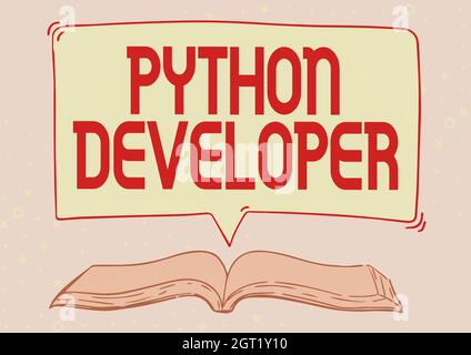 Inspiration montrant le développeur Python Sign. Concept signification responsable de l'écriture de la logique d'application Web côté serveur Illustration Livre ouvert avec Speech Banque D'Images