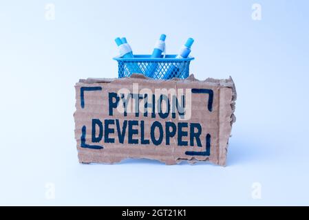 Affiche Python Developer. Business Showcase responsable de l'écriture de la logique d'application Web côté serveur Tidy Workspace Setup rédaction des outils de bureau Banque D'Images