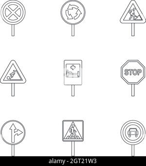 Road sign icons set style du contour, Illustration de Vecteur