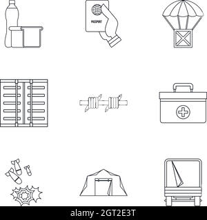 Ensemble d'icônes de statut de réfugié, style de contour Illustration de Vecteur