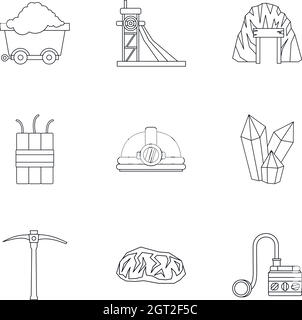 Ensemble d'icônes de mine de charbon, style contour Illustration de Vecteur