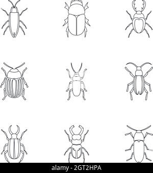Ensemble d'icônes d'espèces de coléoptères, style de contour Illustration de Vecteur