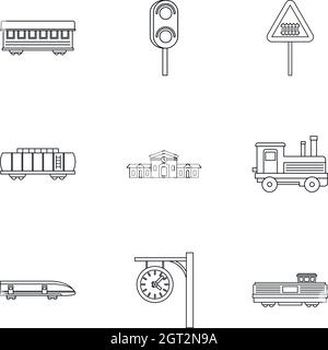 Jeu d'icônes de transport ferroviaire, style de contour Illustration de Vecteur