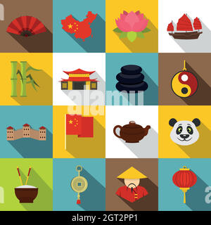Ensemble de symboles de voyage chinois, style plat Illustration de Vecteur