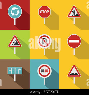 Panneau de circulation icons set, style plat Illustration de Vecteur