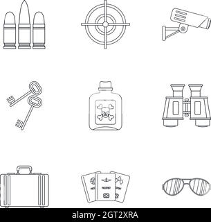 Icônes détectives définies, style de contour Illustration de Vecteur