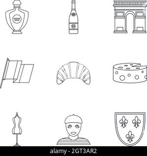 Ensemble d'icônes de tourisme en France, style de contour Illustration de Vecteur