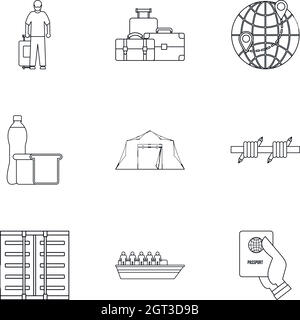 Ensemble d'icônes de réfugiés de personnes, style de contour Illustration de Vecteur