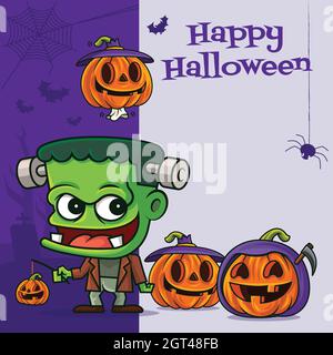 Caricature mignon monstre Frankenstein avec divers citrouilles drôles sur le panneau de salutation halloween Illustration de Vecteur