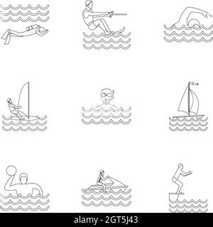 Jeu d'icônes de natation sur l'eau, style de contour Illustration de Vecteur