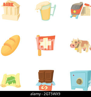 Ensemble d'icônes pays Suisse, style dessin animé Illustration de Vecteur