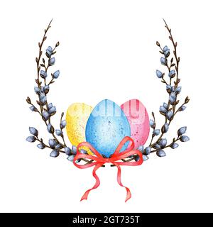 Illustration aquarelle d'une couronne de Pâques faite de brindilles et de branches de saule avec un arc et des œufs peints. Décor pour les vacances. Religion, tradition, Banque D'Images