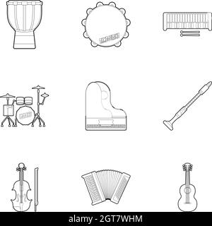 Outils de musique style du contour, icons set Illustration de Vecteur