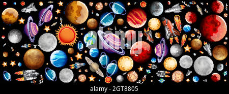 Conception d'arrière-plan avec de nombreuses planètes dans l'espace Illustration de Vecteur