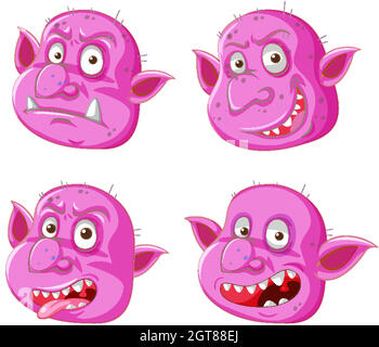 Ensemble de goblin rose ou troll face dans différentes expressions dans le style de dessin animé isolé Illustration de Vecteur