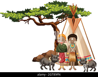 Ethnies de tribus africaines et animaux sauvages Illustration de Vecteur