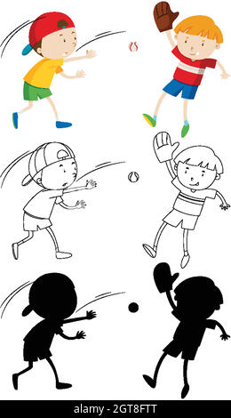 Deux enfants jouant au baseball en couleur, en contour et en silhouette Illustration de Vecteur