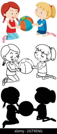 Deux enfants jouant au ballon en couleur, en contour et en silhouette Illustration de Vecteur
