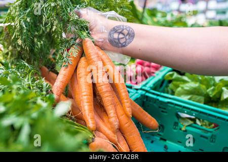 Une jeune femme achète des carottes dans un supermarché. Détail de ses mains tenant un tas de carottes fraîches. Concept de saine alimentation. Banque D'Images