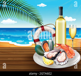 Des fruits de mer sont servis sur la plage en été Illustration de Vecteur