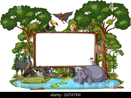 Bannière vide avec animaux sauvages et arbres de la forêt tropicale sur fond blanc Illustration de Vecteur