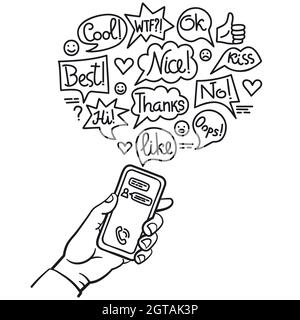 Illustration de la main tenant le smartphone et des discussions de communication Illustration de Vecteur