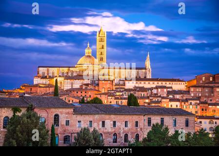 Sienne, Italie. Nuit illuminée pittoresque Sienne, une belle ville médiévale en Toscane, le crépuscule de la cathédrale. Banque D'Images