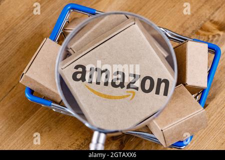 Photo modifiée du logo Amazon sur une boîte sous la loupe dans le panier. Banque D'Images