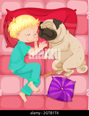 Garçon dormant avec chien dans le lit Illustration de Vecteur