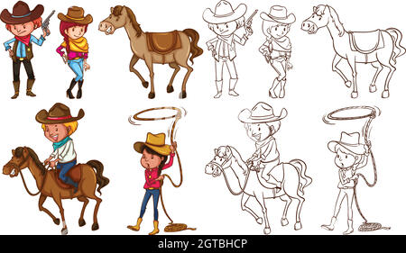 Cowboys et chevaux en couleurs et en ligne Illustration de Vecteur