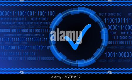 Symbole OK centré dans les éléments HUD sur fond de code binaire - conception de bannière bleue - concept de technologie d'information de contrôle de qualité - illustration 3D Banque D'Images