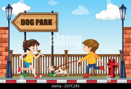 Un homme marchant chien au parc pour chiens Illustration de Vecteur