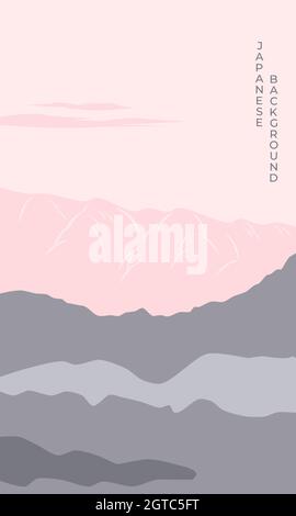 Affiche rose paysage de montagne au coucher du soleil avec rivière dans le style asiatique japonais. Paysage de montagne fond japonais. Illustration vectorielle Illustration de Vecteur