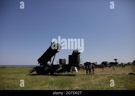 Capu Midia, Roumanie - 9 juin 2021 : le système de missiles sol-air Patriot de l'armée roumaine au Centre national d'entraînement pour la défense aérienne. Banque D'Images