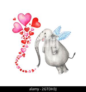 Illustration aquarelle d'un éléphant heureux avec des ailes et des coeurs coulées de son tronc. Concept d'amour dans le style de dessin animé. Saint-Valentin, mariage Banque D'Images