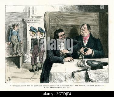 Gravure vintage des œuvres de Charles Dickens. De Nicholas Nickleby. Le maître d'école et son compagnon se regardaient régulièrement pour un fe Banque D'Images