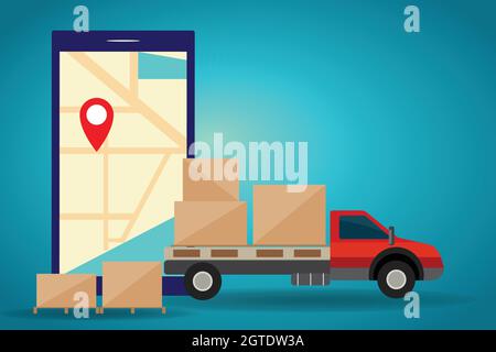 Camion avec colis et smartphone, avec localisation de suivi, concept de livraison Illustration de Vecteur